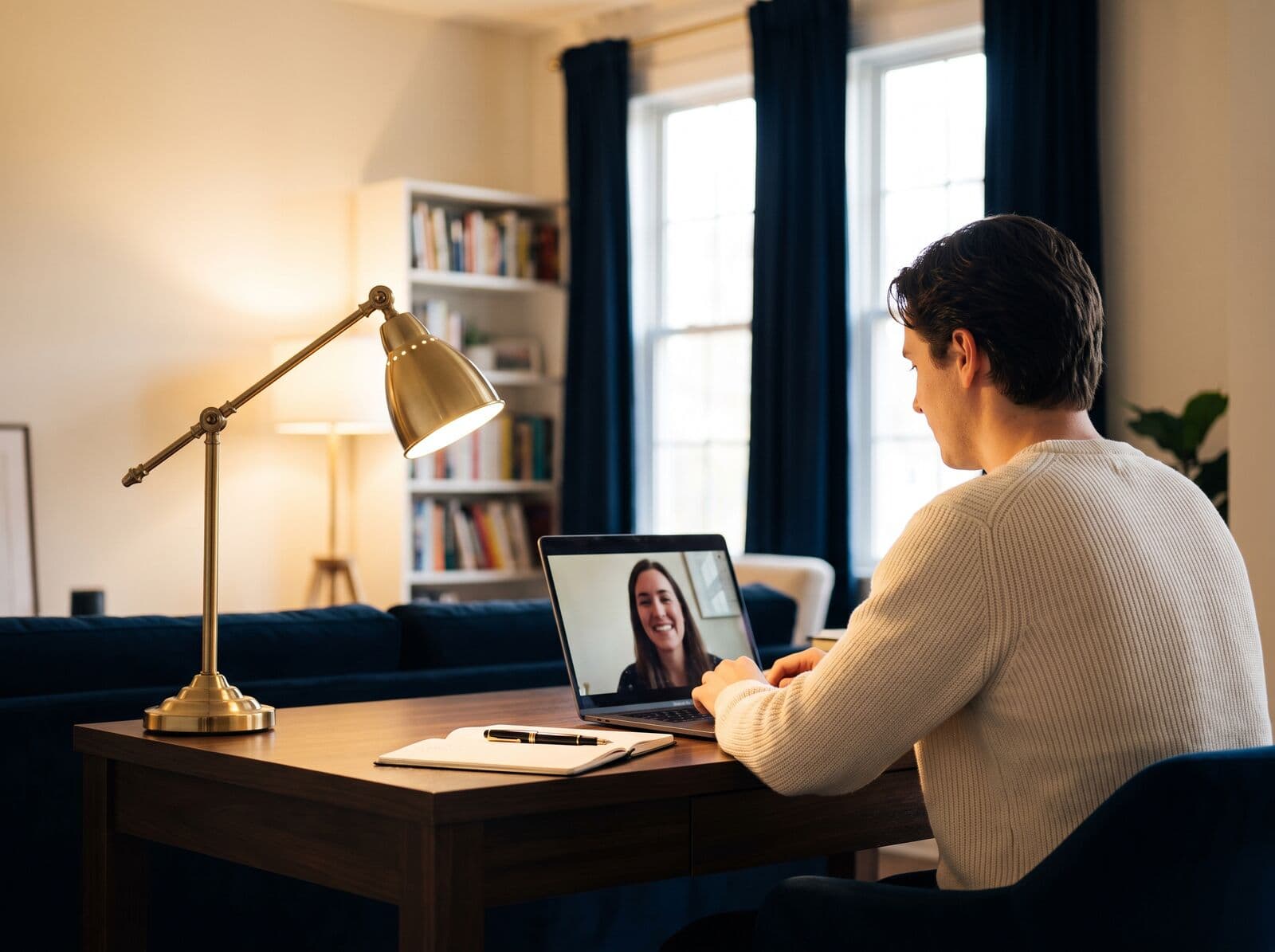 Un consulente in videoconferenza con una cliente, taccuino e penna stilografica sulla scrivania